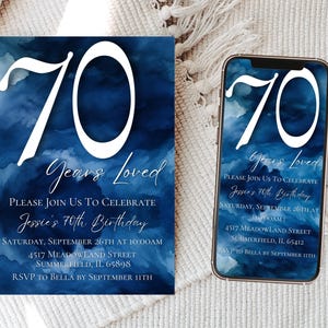 Modèle de carte d'invitation 70e anniversaire, anniversaire bleu modifiable pour grand-père ou grand-mère, faire-part mobile numérique adulte 70e invitation, Z17