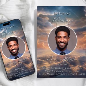 Może przedstawiać: Ogłoszenie żałobne z portretem uśmiechniętego mężczyzny na tle zachmurzonego nieba. Wyświetlany jest tekst "In Loving Memory" oraz imię i nazwisko "Marcus Robinson", a także daty i adres zakładu pogrzebowego.