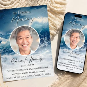 Modèle d'invitation pour faire-part pour les funérailles Cartes commémoratives modifiables pour la célébration de la vie Invitation aux funérailles, vagues de l'océan, plage bleue, OW1