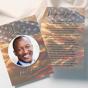 Modèle de carte de prière pour les funérailles, drapeau américain modifiable, faveurs de célébration de la vie pour les invités, cartes commémoratives cadeau souvenir imprimable, US2