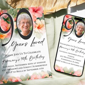 Modèle de carte d'invitation modifiable 90e anniversaire, faire-part de fête d'anniversaire rose hibiscus tropical orange imprimable, invitation numérique, Z13