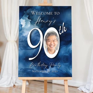 90th Birthday Party Poster Sign Template, Editable Blue Watercolor 90th Decoration Ideas, Printable Birthday Welcome Sign Photo Board, Z17