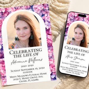 Modèle de carte d'Invitation célébration de la vie, faire-part funéraire fleurs roses modifiable, invitation à imprimer pour téléphone portable service commémoratif, PH1