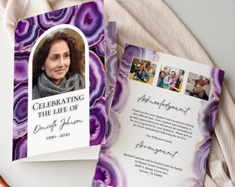 Modèle de programme de funérailles à l'aquarelle violette : Mémorial de célébration de la vie à deux volets pour l'ordre de service