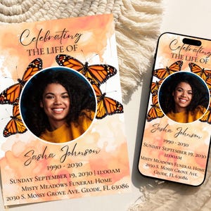 Plantilla de tarjeta de invitación para celebrar la vida, anuncio de funeral con mariposa naranja editable, invitación digital imprimible para servicio conmemorativo, OB1
