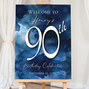 90th Birthday Party Poster Sign Template, Editable Blue Watercolor 90th Decoration Ideas, Printable Birthday Welcome Sign Photo Board, Z17