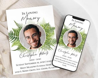 May include: A white card with a green fern border and a photo of a man. The text reads "In Loving Memory Christopher Roberts 2000-2030 Sunday September 19, 2030 | 11:00 Misty Meadows Funeral Home 2030 S. Mossy Grove Ave. Geode, FL 63086".