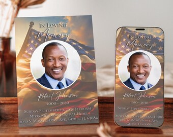 May include: A memorial card with a photo of a man in a suit and tie. The card has a background of an American flag with a sunset sky. The text on the card reads "In Loving Memory Robert Johnson 2000-2030" and includes details about the funeral service.