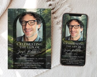 May include: A memorial card and a smartphone displaying a similar image. Both feature a portrait of a man wearing glasses, set against a forest backdrop. Text reads "Celebrating the Life of Joseph Richardson" with dates and location details.
