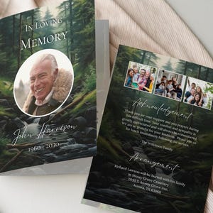 Modèle de programme de funérailles, programme de célébration de la vie de nécrologie modifiable, cartes à deux volets imprimables de l'ordre de service commémoratif de la forêt verte, PF2