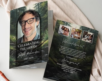 May include: A memorial card with a forest scene background. The front features a portrait of a man with glasses, the text "Celebrating the Life of Joseph Richardson 1990-2030." The inside includes photos and text for acknowledgements and arrangement details.