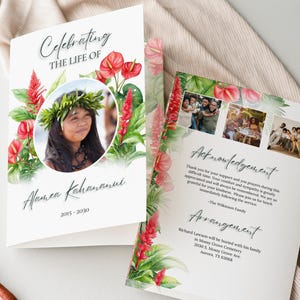 Hawaiian Funeral Program Template, Printable Obituary Order of Service, Editable Red Tropical Celebration of Life Flower Memorial Cards,HNF1