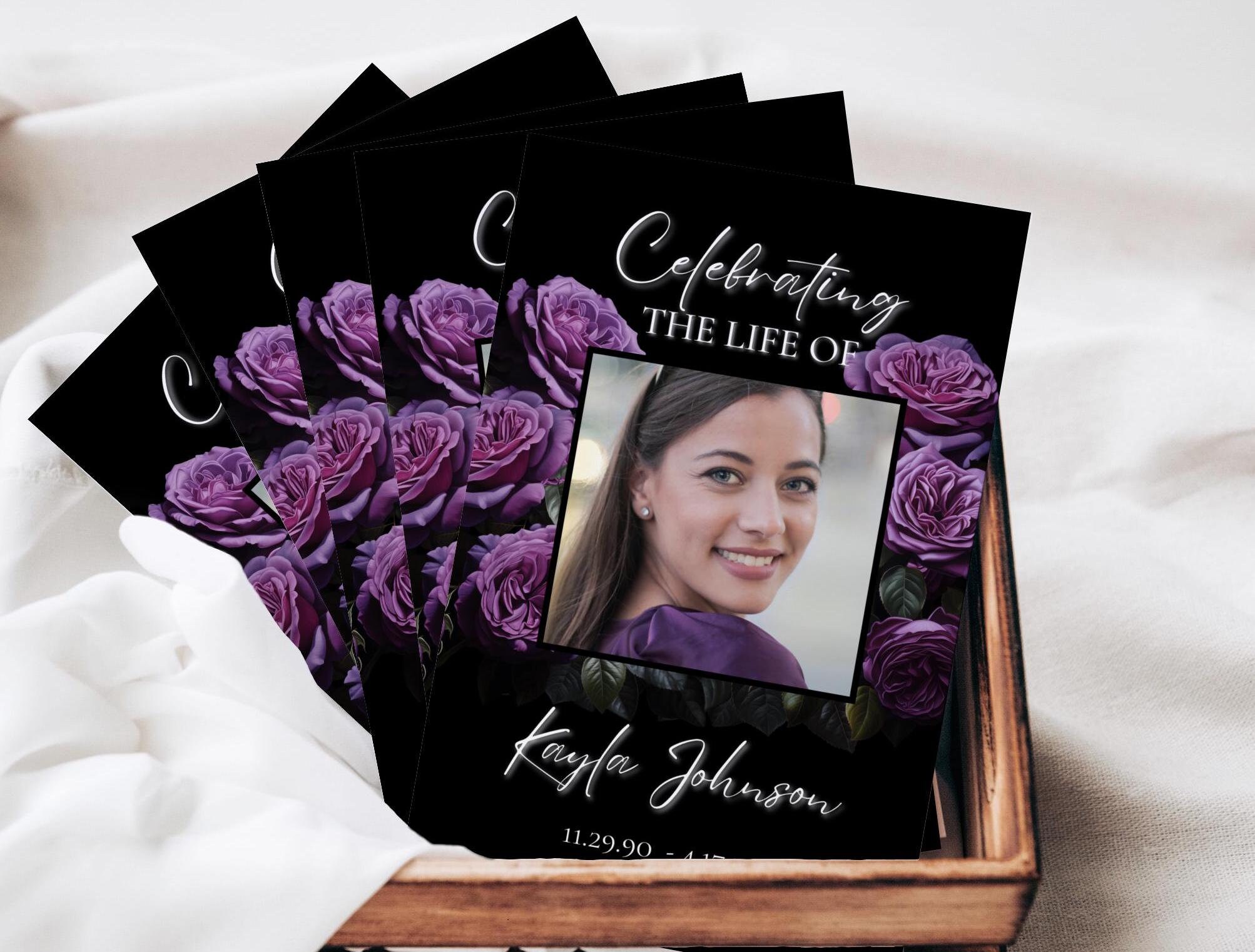 Modello di programma funebre Purple Rose: biglietto necrologio nero (download digitale)