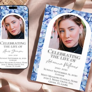 Modèle de carte d'Invitation célébration de la vie, faire-part de funérailles fleurs bleues modifiable, invitation numérique pour service commémoratif imprimable, BH1