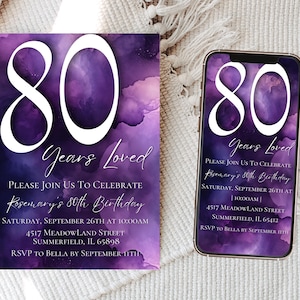 Purple 80th Birthday Invitation Template: Editable Digital Evite (Digital Download)