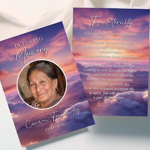 Editable Printable Funeral Prayer Card Template, Sunset Sky Clouds Celebration of Life Favors for Guests, Memorial Service Keepsake, SS1