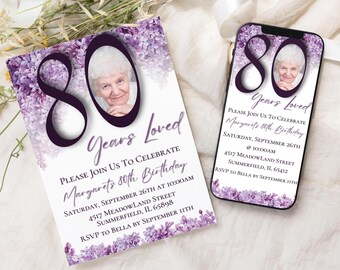 Puede incluir: Invitación de cumpleaños floral púrpura con una foto de una mujer y el texto "80 Years Loved" y "Please Join Us To Celebrate Margaret's 80th Birthday".