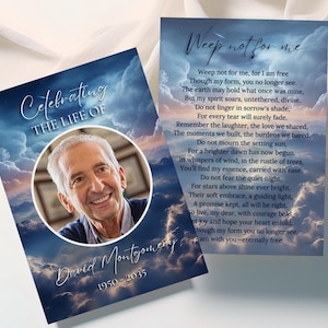 Modèle de carte de prière funéraire imprimable modifiable, cadeaux de fête des nuages bleus pour les invités, cartes commémoratives cadeau souvenir ciel, SS5
