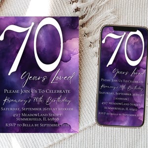 70th Birthday Invitation Card Template, Editable Purple Birthday for Grandpa or Grandma, 70th Adult Digital Mobile Announcement Invite,Z15