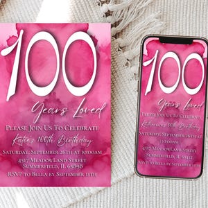Plantilla de invitación para el centenario, invitación editable en rosa para abuela, anuncio digital móvil para adultos, Z18