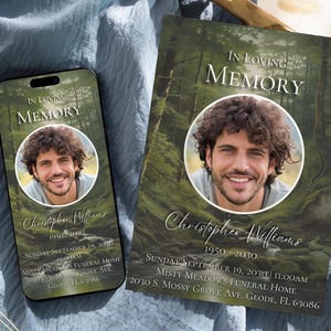 Modello modificabile per invito alla celebrazione della vita per annuncio funebre Invito digitale per servizio commemorativo di Green Forest Trees, FS1