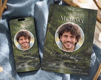 Green Forest Memorial Invitation Template: Editable Funeral Announcement (Digital)