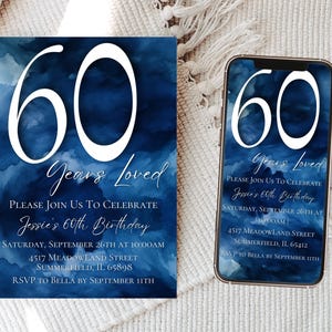 Modèle de carte d'invitation 60e anniversaire, faire-part bleu modifiable pour grand-mère ou grand-père, faire-part de téléphone portable numérique adulte 60e, Z17