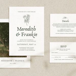 MEREDITH Vintage Floral Wedding Invitation Suite Template • Printable digital download template set with minimalist elegant botanicals