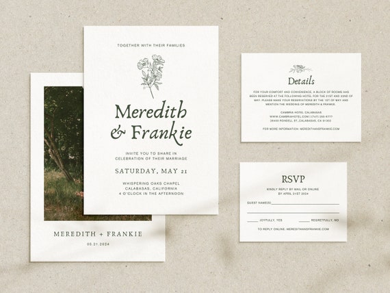 Sage Green Floral Photo Wedding Invitation Suite, Luxe Minimalist Botanical Printable Invite Set, Editable Canva Template • MEREDITH