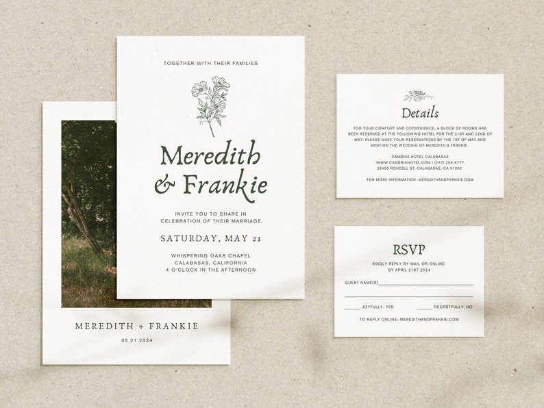 Conjunto de invitaciones de boda con fotos y diseño floral en verde salvia, conjunto de invitaciones imprimibles botánicas minimalistas de lujo, plantilla editable de Canva • MEREDITH imagen 1