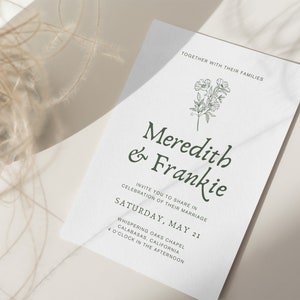 Conjunto de invitaciones de boda con fotos y diseño floral en verde salvia, conjunto de invitaciones imprimibles botánicas minimalistas de lujo, plantilla editable de Canva • MEREDITH imagen 4