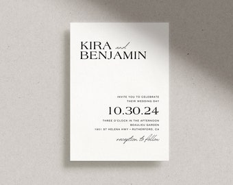 Minimalist Wedding Invitation with Photo, Modern Black and White Serif Invite Card, Editable Canva Template • KIRA