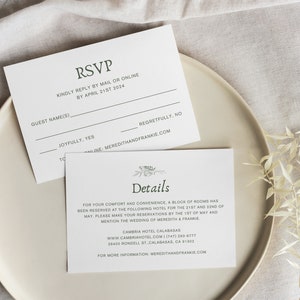 Conjunto de invitaciones de boda con fotos y diseño floral en verde salvia, conjunto de invitaciones imprimibles botánicas minimalistas de lujo, plantilla editable de Canva • MEREDITH imagen 5
