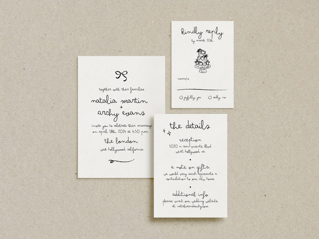 Romantic Hand Drawn Wedding Invitation Suite, Whimsical Handwritten ...