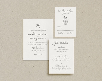Romantic Hand Drawn Wedding Invitation Suite, Whimsical Handwritten Script Invite Set, Printable DIY Card, Editable Canva Template • NATALIA
