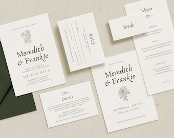 Sage Green Floral Wedding Stationery Bundle, Minimal Botanical Invite, Save the Date, Menu, Welcome Sign, Editable Canva Template • MEREDITH