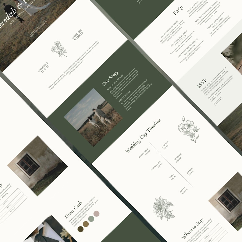 May include: A wedding website design with a green and white color scheme. The website includes sections for the couple's story, wedding day timeline, FAQs, and RSVP information. Floral illustrations and photos of the couple are also included.