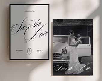 Elegant vintage Save the Date-sjabloon, klassieke trouwuitnodiging met foto in old money-stijl, tijdloze luxe printbare Canva-download • EVELYN