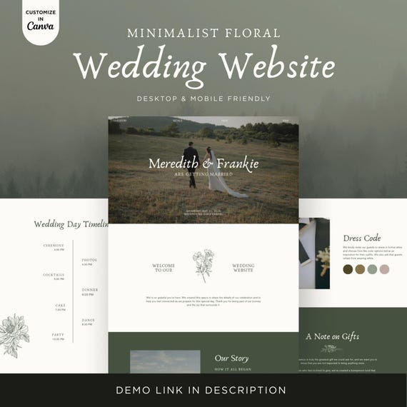 Sage Green Floral Canva Wedding Website Template with RSVP, Editable Wedding Site, Minimalist Floral Design, Instant Download • MEREDITH