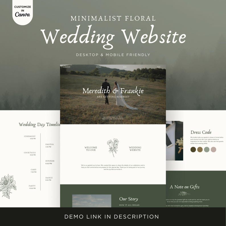 May include: A minimalist floral wedding website design with a desktop and mobile-friendly layout. The design includes a photo of a couple, wedding day timeline, dress code, and a section for gifts. The website is customizable in Canva.
