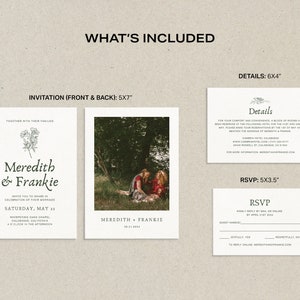 Conjunto de invitaciones de boda con fotos y diseño floral en verde salvia, conjunto de invitaciones imprimibles botánicas minimalistas de lujo, plantilla editable de Canva • MEREDITH imagen 6