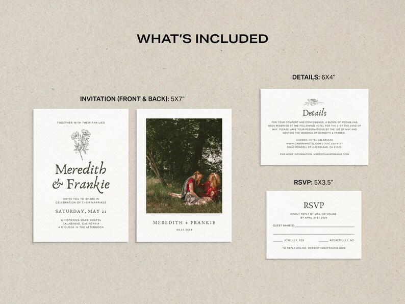 Conjunto de invitaciones de boda con fotos y diseño floral en verde salvia, conjunto de invitaciones imprimibles botánicas minimalistas de lujo, plantilla editable de Canva • MEREDITH imagen 6