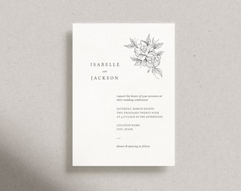 Minimalist Floral Photo Wedding Invitation, Classic Elegant Botanical Printable Invite, Black and White Editable Canva Template • ISABELLE