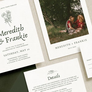 Conjunto de invitaciones de boda con fotos y diseño floral en verde salvia, conjunto de invitaciones imprimibles botánicas minimalistas de lujo, plantilla editable de Canva • MEREDITH imagen 2