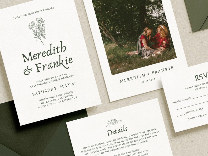 Conjunto de invitaciones de boda con fotos y diseño floral en verde salvia, conjunto de invitaciones imprimibles botánicas minimalistas de lujo, plantilla editable de Canva • MEREDITH imagen 2