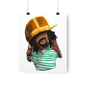 May include: A poster print featuring a cartoon illustration of a person with dreadlocks wearing a gold baseball cap and a green and white striped polo shirt. The person is making peace signs with both hands.