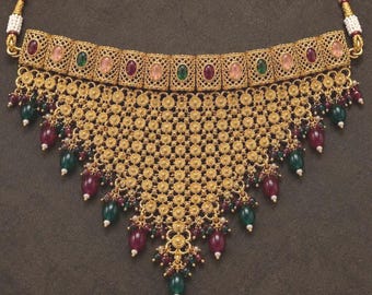 Antique Gold Plated Rajwadi Statement Necklace set with Manng Tikka/Rajputi Jewelry Set/Indian Wedding Jewelry