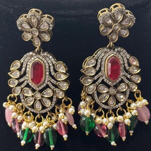 Multicolor with Ruby Red Kundan Earrings/CZ Bridal jewelry/ Diamond Chandelier Earrings/Wedding Jewelry for women