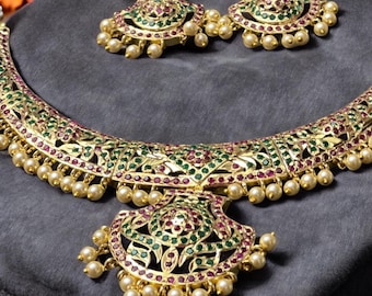 Handmade Jadau Navratan Necklace Earring Set: Indian Gold Finish multicolor Jewelry