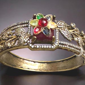 Antique Gold Multistone Bangle Bracelet, Traditional Indian Kada with Ruby Emerald Sapphire Stones, Statement Bridal Jewelry